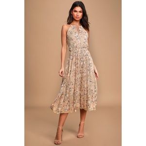 Beat of the Music Beige Floral Print Pleated Dress